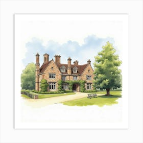 Watercolor Illustration Of The Rufford Old Hall In Lancashire, Capturing Its Historic Charm And Beautiful Surroundings Art Print