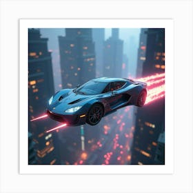 Sleek Futuristic Flying Car With Glowing Trails, Soaring Through A Cyberpunk City 1 Art Print