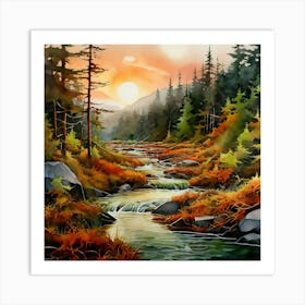 Watercolor A Serene Landscape In Tongass National Forest Bathed In Shades Of Terracotta Olive Green Art Print