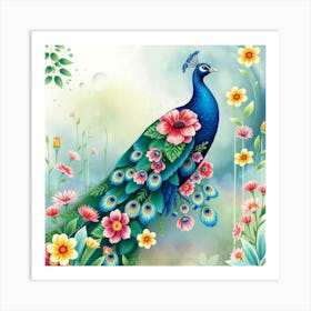 A Peacock With Floral Patterns On Its Feathers, In A Dreamy Watercolor Garden Scene Art Print