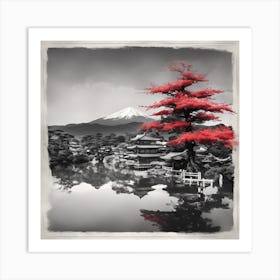 Red Tree In Front Of Mt Fuji Art Print