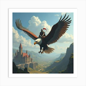 A Warrior Riding A Giant Eagle Over A Sprawling Kingdom 1 Art Print