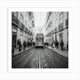 Black And White Photo Lisbons Vintage Tramway Weaving Through Narrow Historic City Streets Tram D 2 1 Art Print