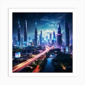 Bangkok Cityscape Set In A Futuristic Era Skyscrapers Ablaze With Neon Lights Merging Seamlessly W (6) Art Print