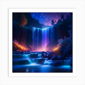 Waterfall At Night With A Light Glowing On The Water Art Print