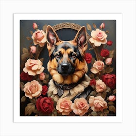 Roses And German Shepherd art Art Print