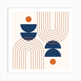 Mid Century Modern Geometric Rainbow, Sun and Moon Phases Abstract in Navy Blue Orange Theme 1 Art Print