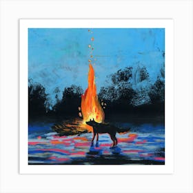 winter dog fire animal fireplace campfire blue arctic black evening night painting square bedroom living room Art Print