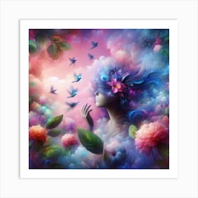 Dreaming Woman In The Clouds Art Print