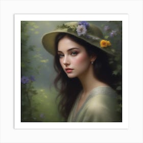 Portrait Of A Girl With Flowers Art Print