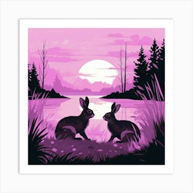 Rabbits Against A Pink Sunset Art Print