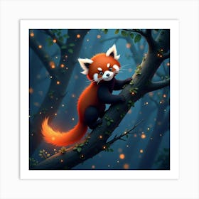 A Red Panda With A Fiery Tail, Climbing A Glowing, Bioluminescent Tree Art Print