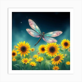 A Whimsical Dragonfly With Wings Made Of Flower Petals Hovering Near A Meadow Of Glowing Sunflowers 1 Art Print