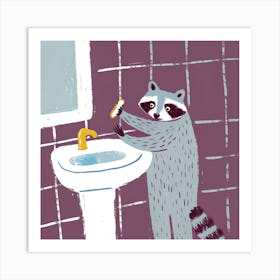 Raccoon Brushing His Teeth Art Print