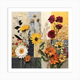 Collage Of Flowers, Design An Eclectic Collage With A Combination Of Fabric Swatches Dried Flowers Art Print