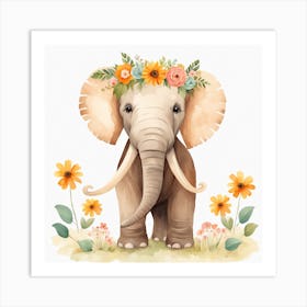 Floral Baby Mammoth Nursery Illustration (9) Art Print