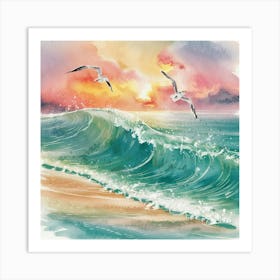 Seagulls At Sunset Art Print