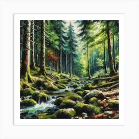 Stream In The Forest, Acrylic Painting Style 1 Art Print