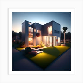 Modern House At Night Art Print