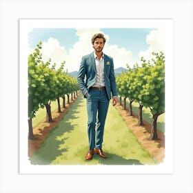 Charming Man In Watercolor Suit, Serene Vineyard 1 Art Print