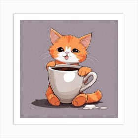 Cute Orange Kitten Loves Coffee Square Composition 25 Art Print