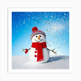 Firefly 3d, Cute, Snowman, Peeking, White, Wall, Red, Scarf, Hat, Silver, Glittery, Sequin, Decorati Art Print