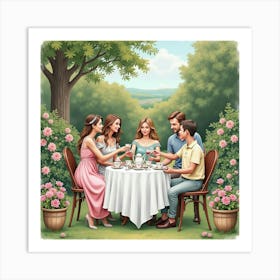 An English Tea Party In A Beautifully Decorated Garden With Guests, Watercolor 1 Art Print