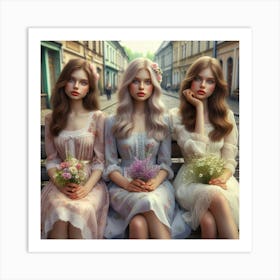 Three Beautiful Girls Sitting On A Bench 1 Art Print