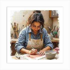 Watercolor Portrait Of A Spanish Artisan Working In Their Studio Art Print