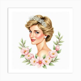 Beautiful Watercolor Rendering Of Princess Diana With Soft Blossoms 1 Art Print