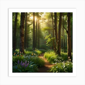 A Vibrant Springtime Forest With Fresh, Green Foliage And Blooming Flowers 1 Art Print