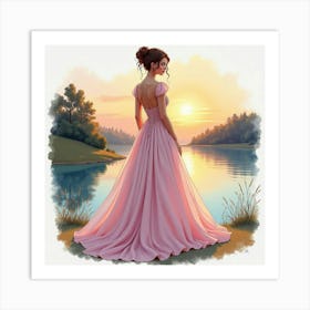 Gorgeous Dress Watercolor, With A Tranquil Lakeside Sunset 1 Art Print