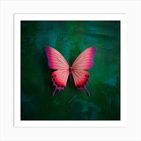 Pink Butterfly On Green Background Art Print