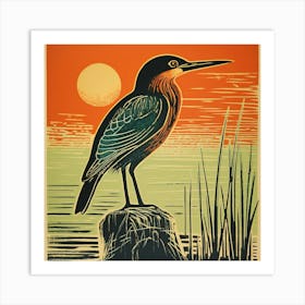 Retro Bird Lithograph Green Heron 1 Art Print