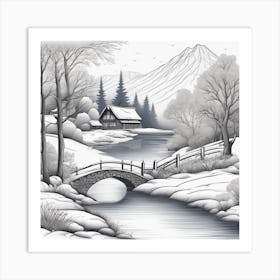 Winter Landscape Painting Minimalistic Line Art Landscape Art Print