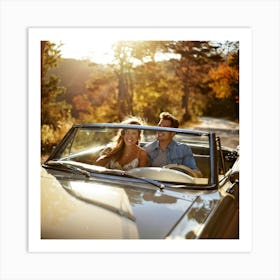 Couple Smiles Brimming Bask In The Sun Driving A Vintage Convertible Winding Road Snaking Throug (4) Art Print