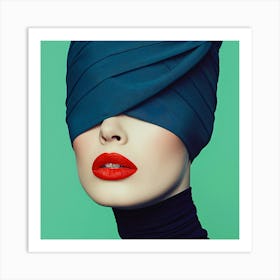 Blue Turban With Red Lipstick Art Print