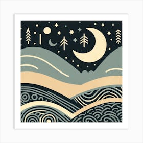 Linocut, Scandinavian Style, Night Sky with Crescent Moon 2 Art Print