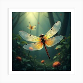 An Abstract Dragonfly With Geometric Wings Fluttering In A Surreal Garden Of Light Art Print