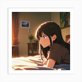 Anime Girl Laying In Bed Art Print