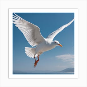 A White Bird Flying Over Ocean Art Print