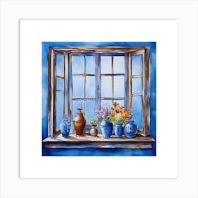 Blue wall. Open window. From inside an old-style room. Silver in the middle. There are several small pottery jars next to the window. There are flowers in the jars Spring oil colors. Wall painting.8 Art Print