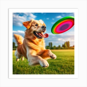 Golden Retriever Dog Catching A Frisbee Art Print