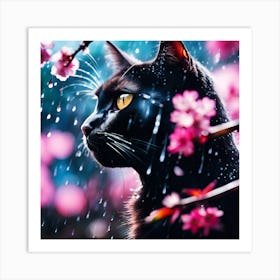 Black Cat amongst the Cherry Blossom Trees on a Rainy Day 1 Art Print