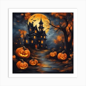 Halloween House With Pumpkins Art Print