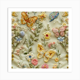 Embroidered Butterflies and flowers Art Print