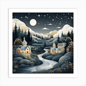 Winter Village At Night for Christmas Art Print