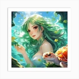 Mermaid and turtle 1 Art Print