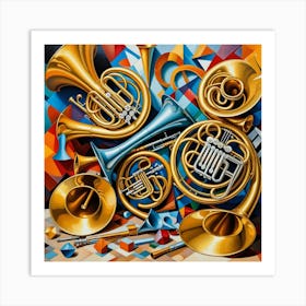 French Horns Cubism Style Art Print