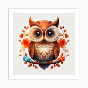 Owl On Branch With Flowers Art Print